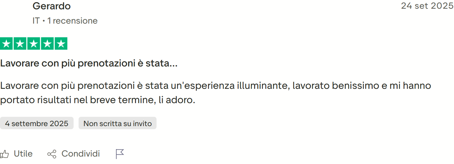 Recensione Trustpilot n. 46: Gerardo, 5 stelle, esperienza illuminante, risultati nel breve termine