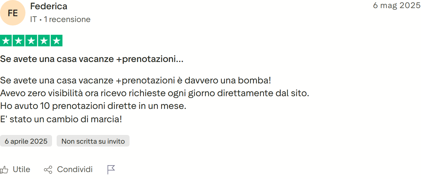 Recensione Trustpilot n. 71: Federica, 5 stelle, 10 prenotazioni dirette in un mese dal sito