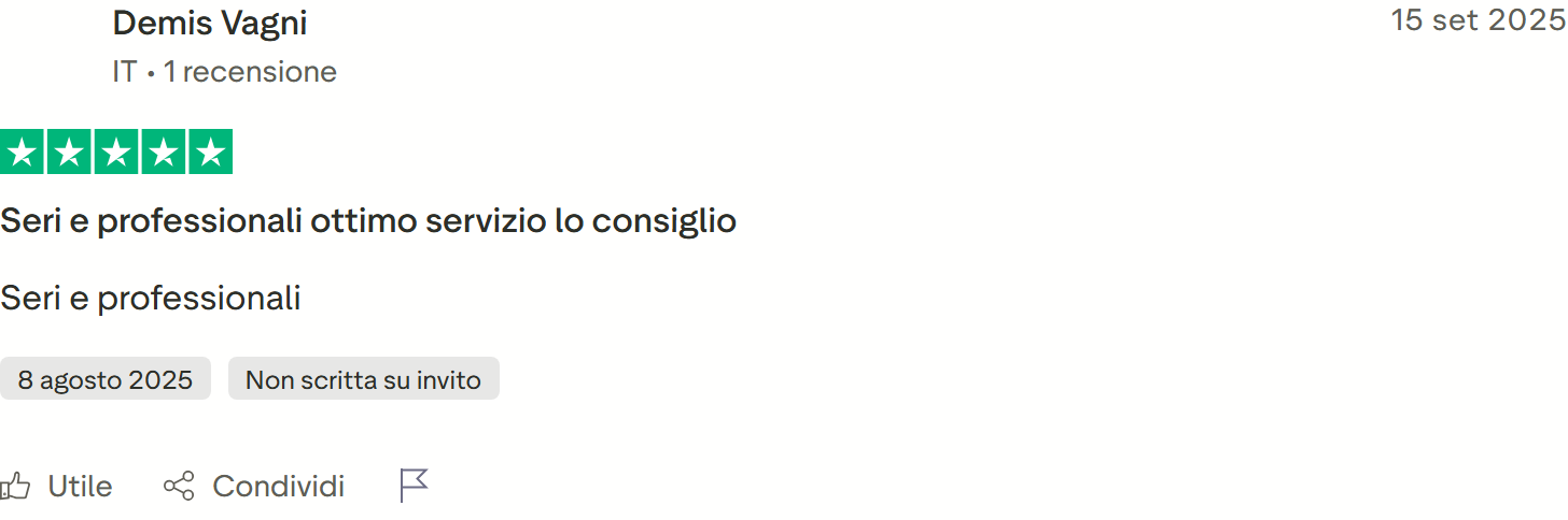 Recensione Trustpilot n. 49: Demis Vagni, 5 stelle, seri e professionali, ottimo servizio, lo consiglio