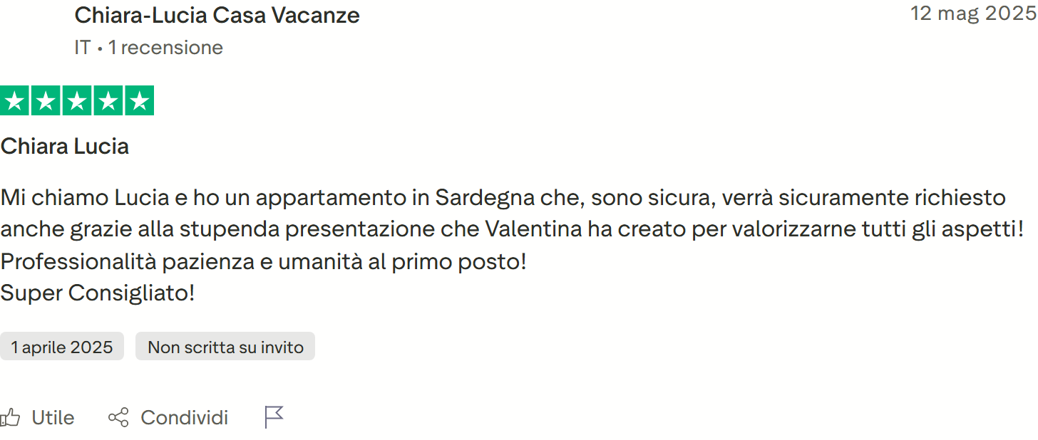 Recensione Trustpilot n. 64: Chiara-Lucia Casa Vacanze, 5 stelle, presentazione curata, professionalita e umanita