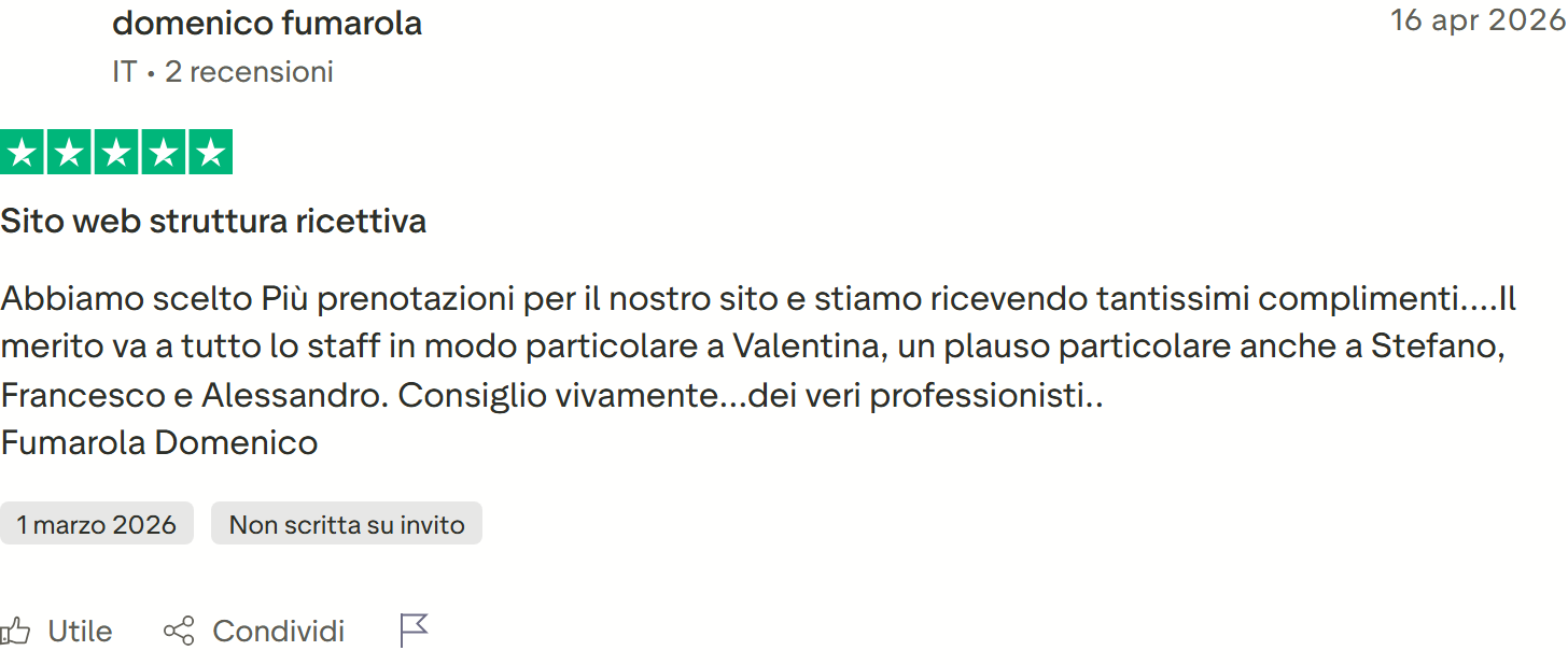 Recensione Trustpilot n. 20: domenico fumarola, 5 stelle, sito web apprezzato, tanti complimenti, staff bravo