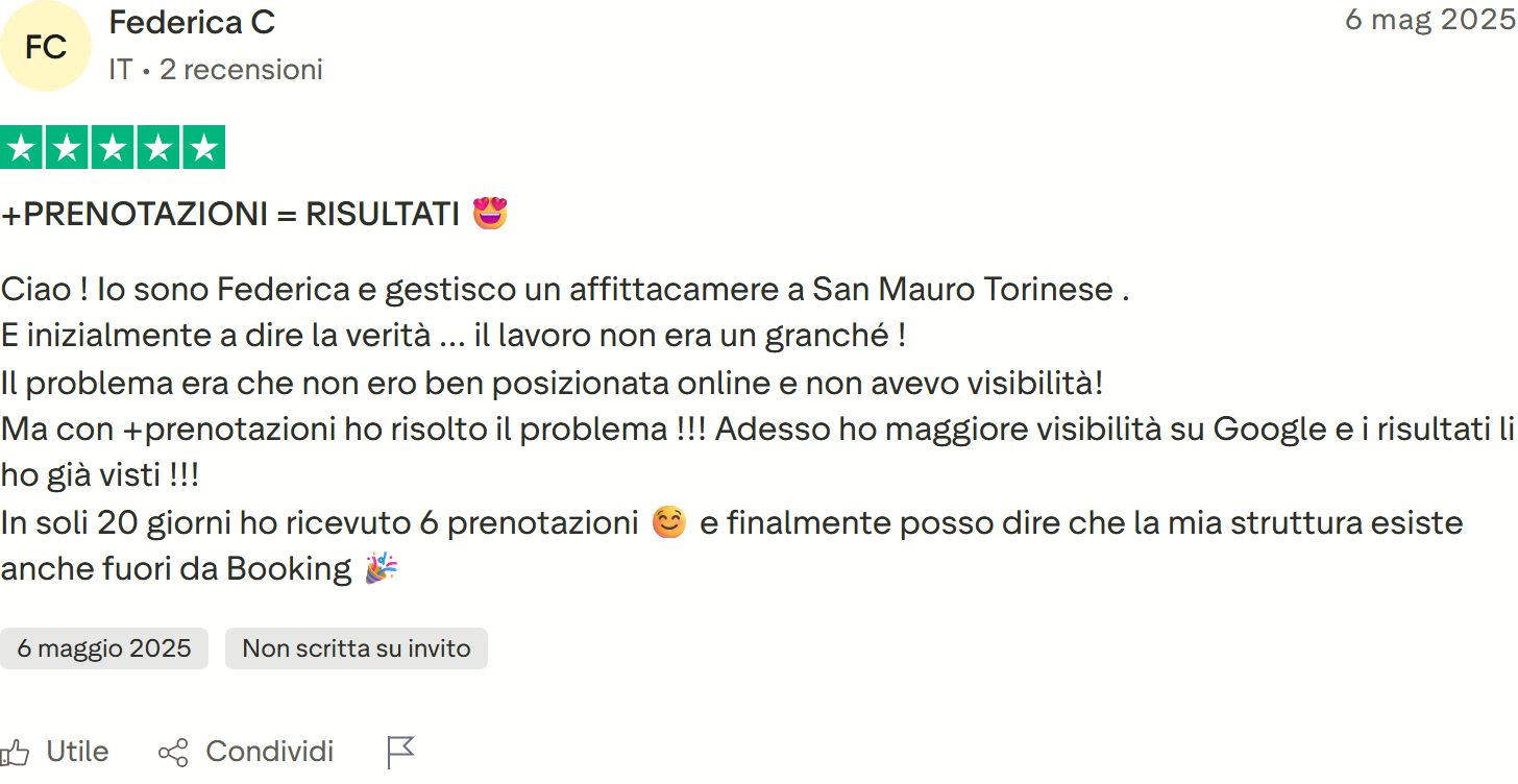 Recensione Trustpilot n. 69: Federica C, 5 stelle, 6 prenotazioni in 20 giorni, piu visibilita su Google