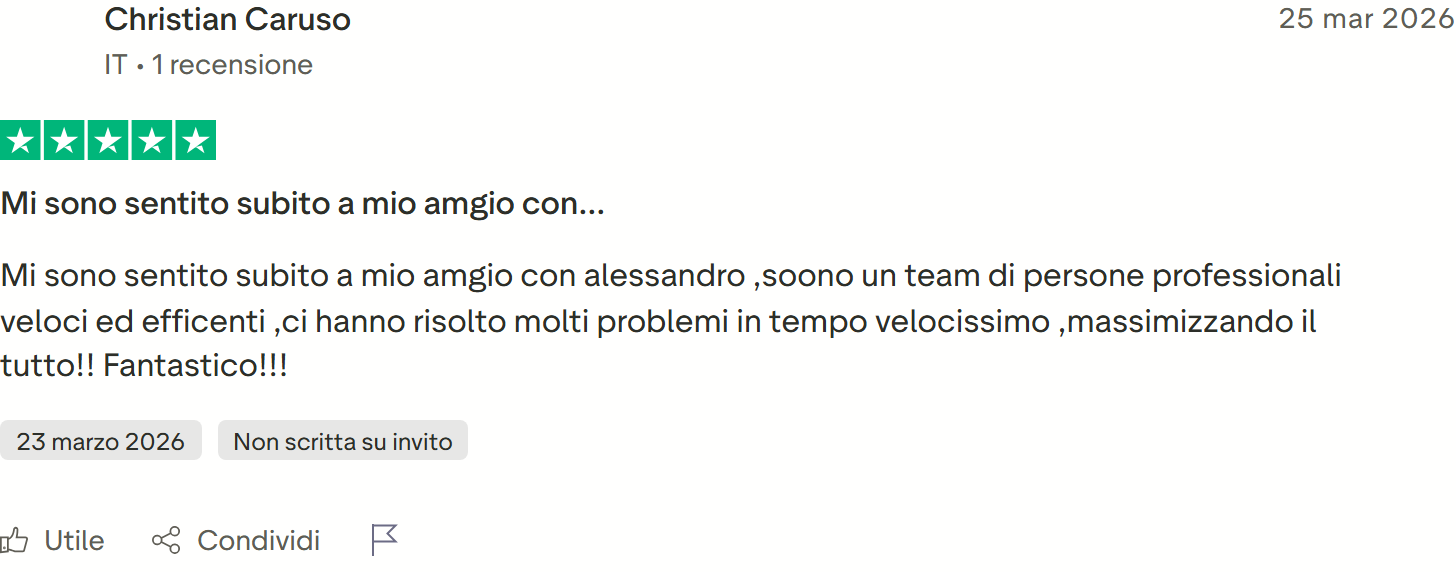Recensione Trustpilot n. 28: Christian Caruso, 5 stelle, team professionale e veloce, problemi risolti subito
