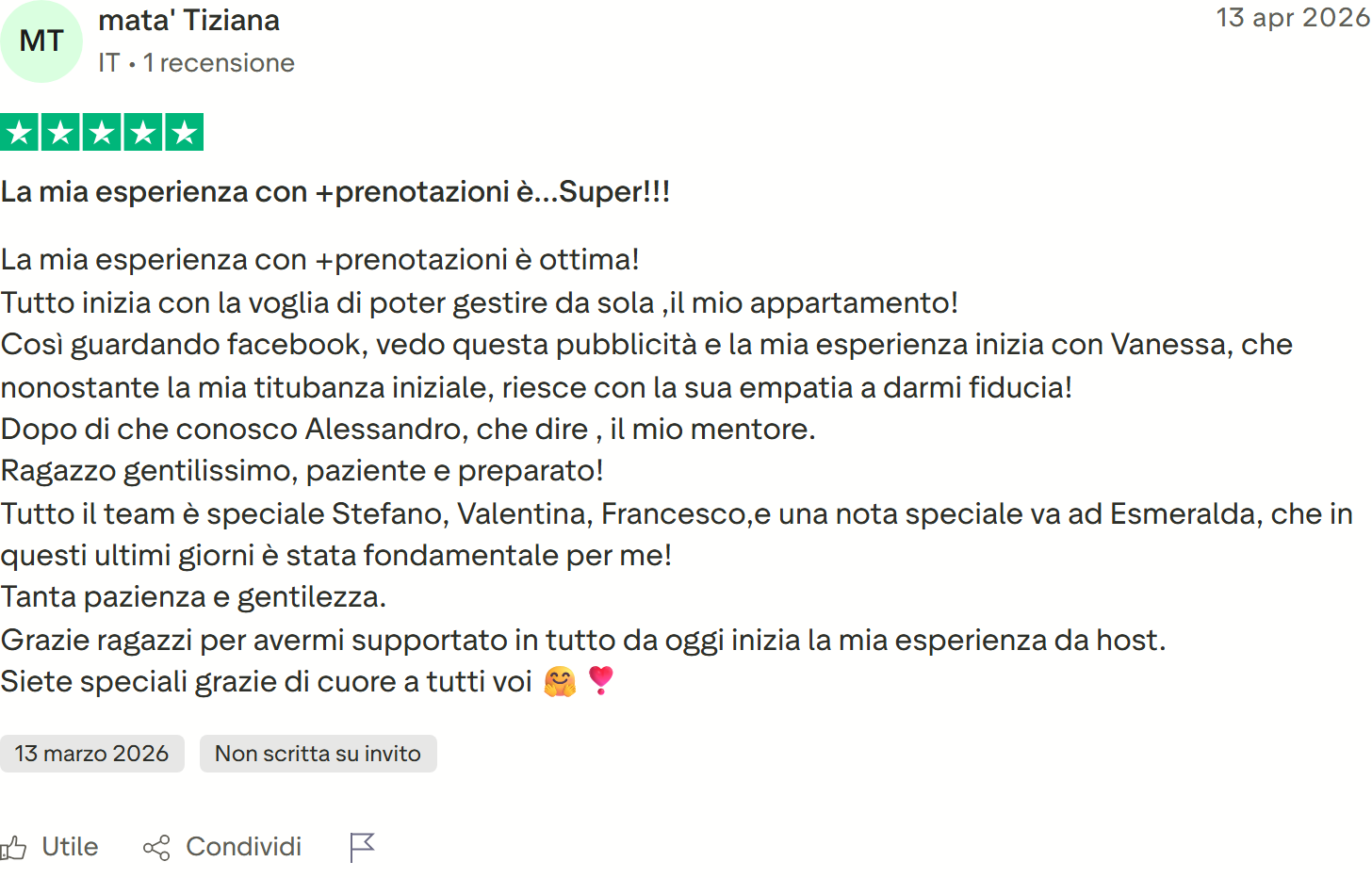 Recensione Trustpilot n. 21: mata' Tiziana, 5 stelle, team paziente e gentile, inizia la sua esperienza da host