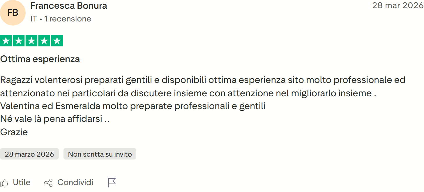 Recensione Trustpilot n. 26: Francesca Bonura, 5 stelle, ottima esperienza, sito professionale e curato