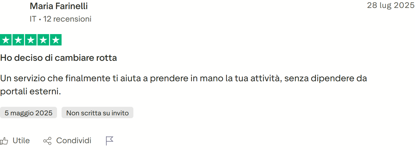Recensione Trustpilot n. 59: Maria Farinelli, 5 stelle, riprende in mano l'attivita senza dipendere dai portali