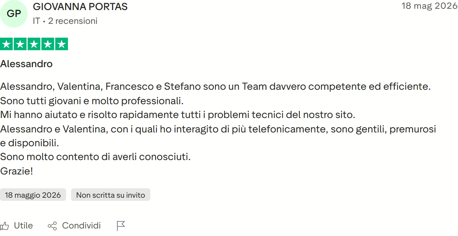Recensione Trustpilot n. 13: Giovanna Portas, 5 stelle, team competente, problemi tecnici del sito risolti rapidamente