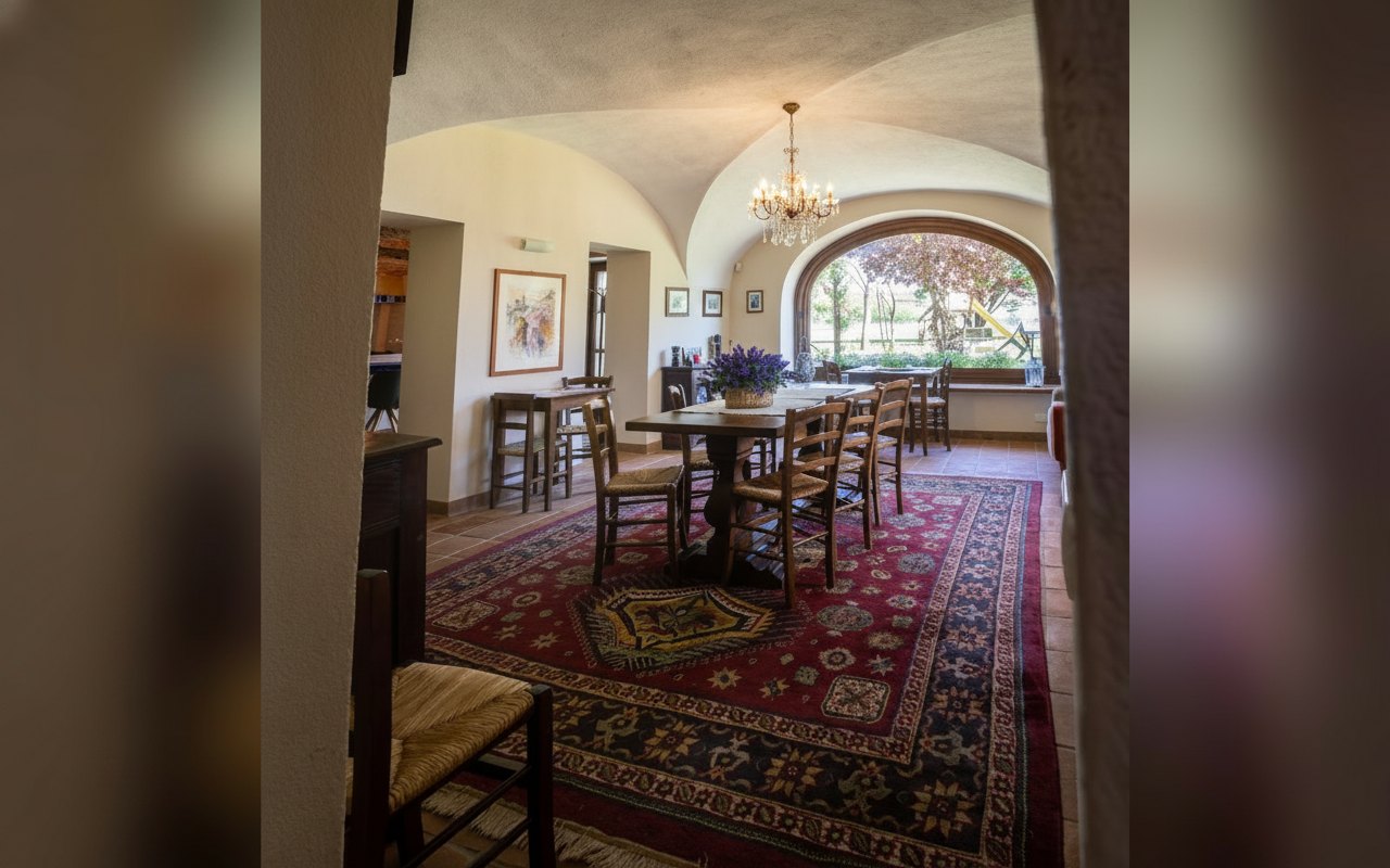 La sala da pranzo sotto l'arco