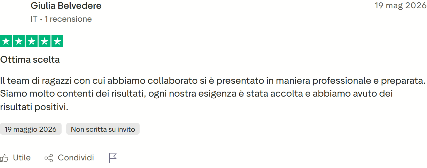 Recensione Trustpilot n. 11: Giulia Belvedere, 5 stelle, team professionale, contenti dei risultati