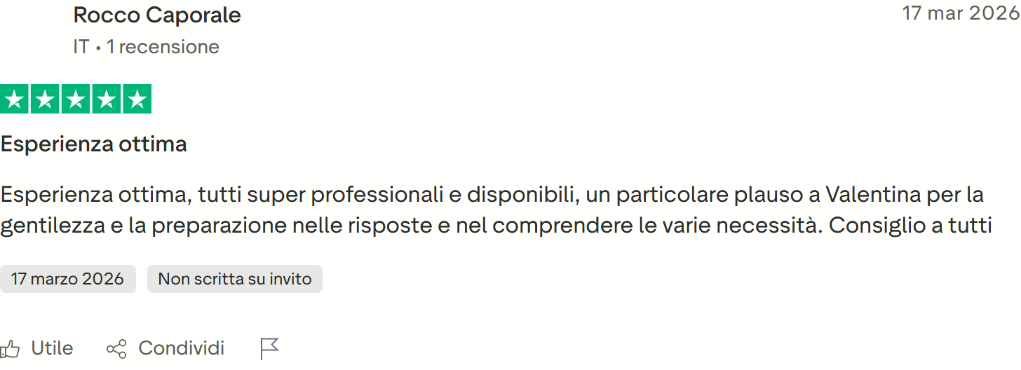 Recensione Trustpilot n. 30: Rocco Caporale, 5 stelle, tutti professionali, plauso a Valentina, consigliato