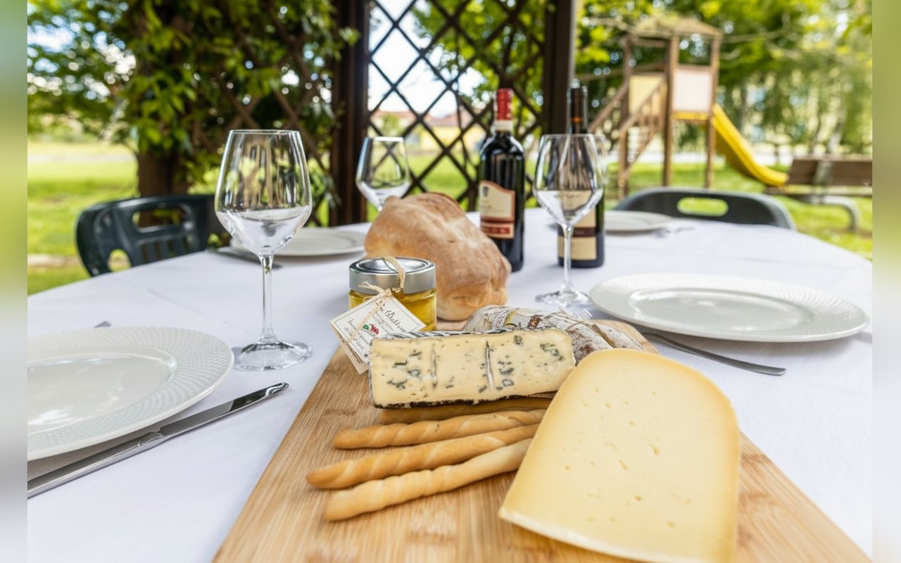 Tavola apparecchiata con formaggi e vino sotto il pergolato