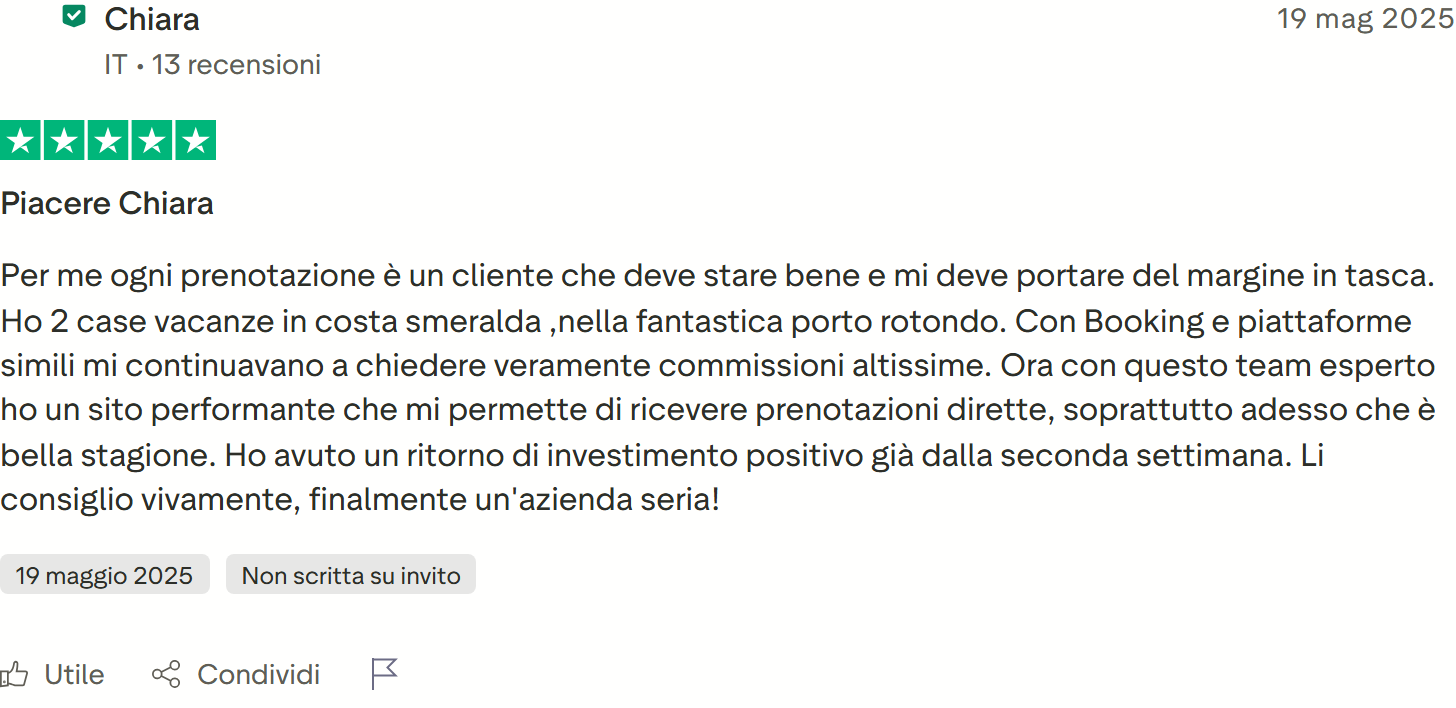 Recensione Trustpilot n. 63: Chiara, 5 stelle, sito performante, prenotazioni dirette, azienda seria