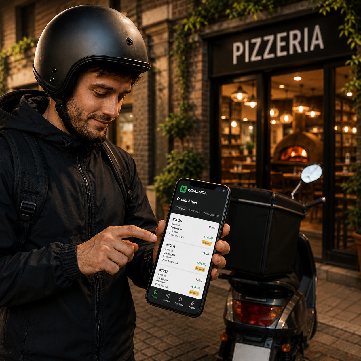 Un rider controlla gli ordini attivi del domicilio sull'app Komanda davanti alla pizzeria