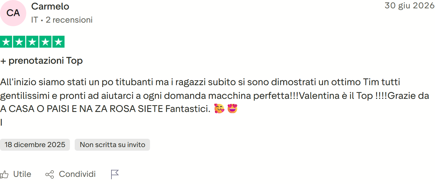 Recensione Trustpilot n. 1: Carmelo, 5 stelle, elogia il team di +Prenotazioni sempre pronto ad aiutare
