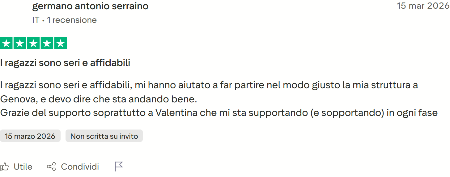 Recensione Trustpilot n. 32: germano antonio serraino, 5 stelle, struttura a Genova avviata bene, grazie a Valentina