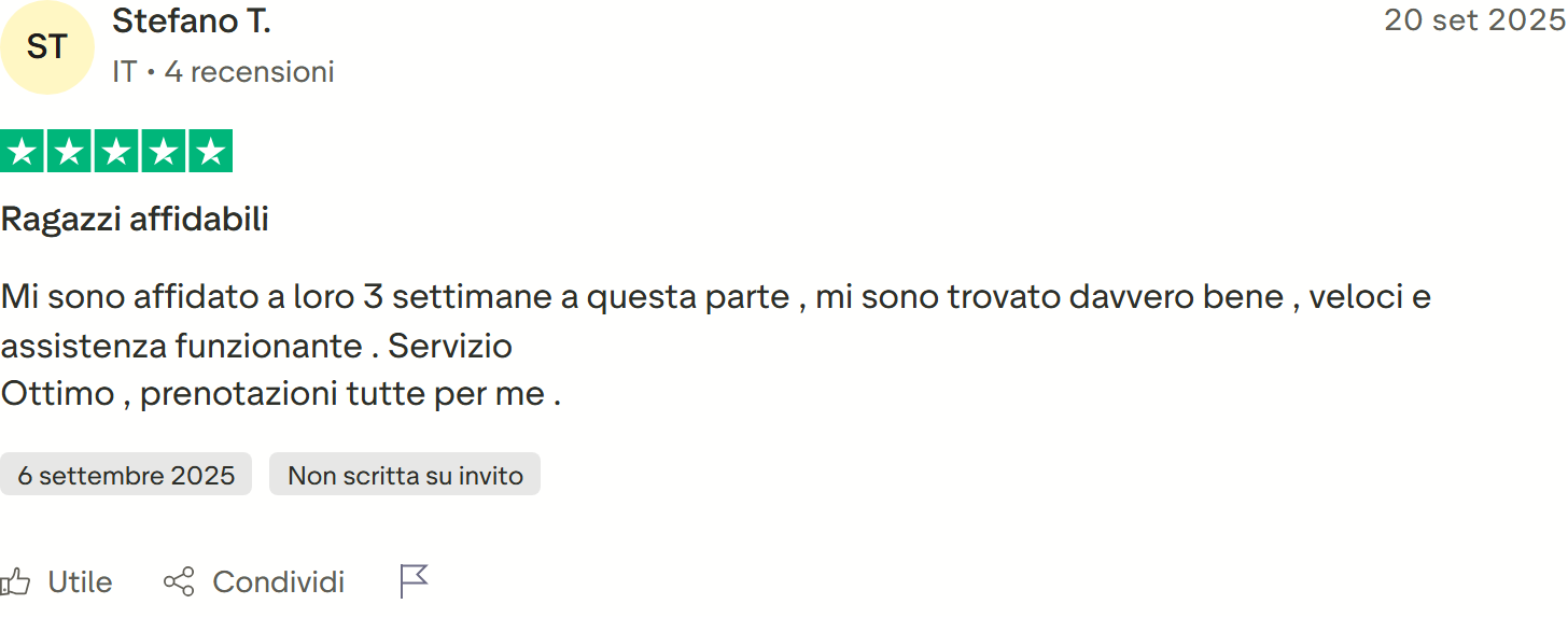 Recensione Trustpilot n. 48: Stefano T., 5 stelle, veloci, assistenza ottima, prenotazioni tutte per me