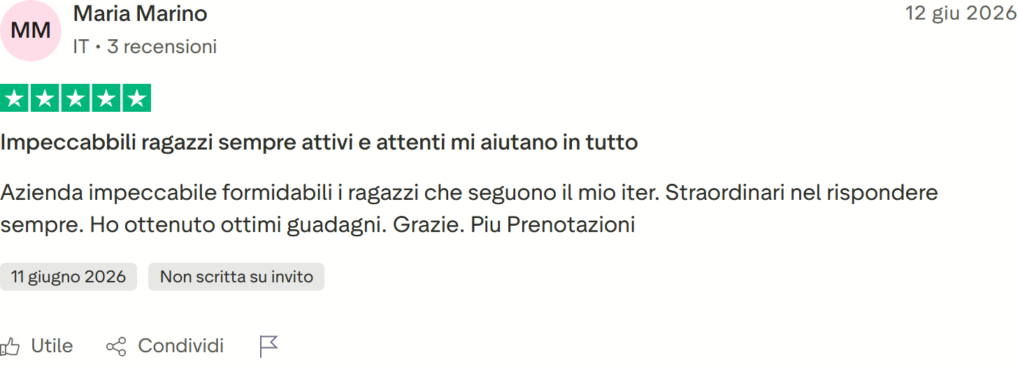 Recensione Trustpilot n. 6: Maria Marino, 5 stelle, azienda impeccabile, ottimi guadagni