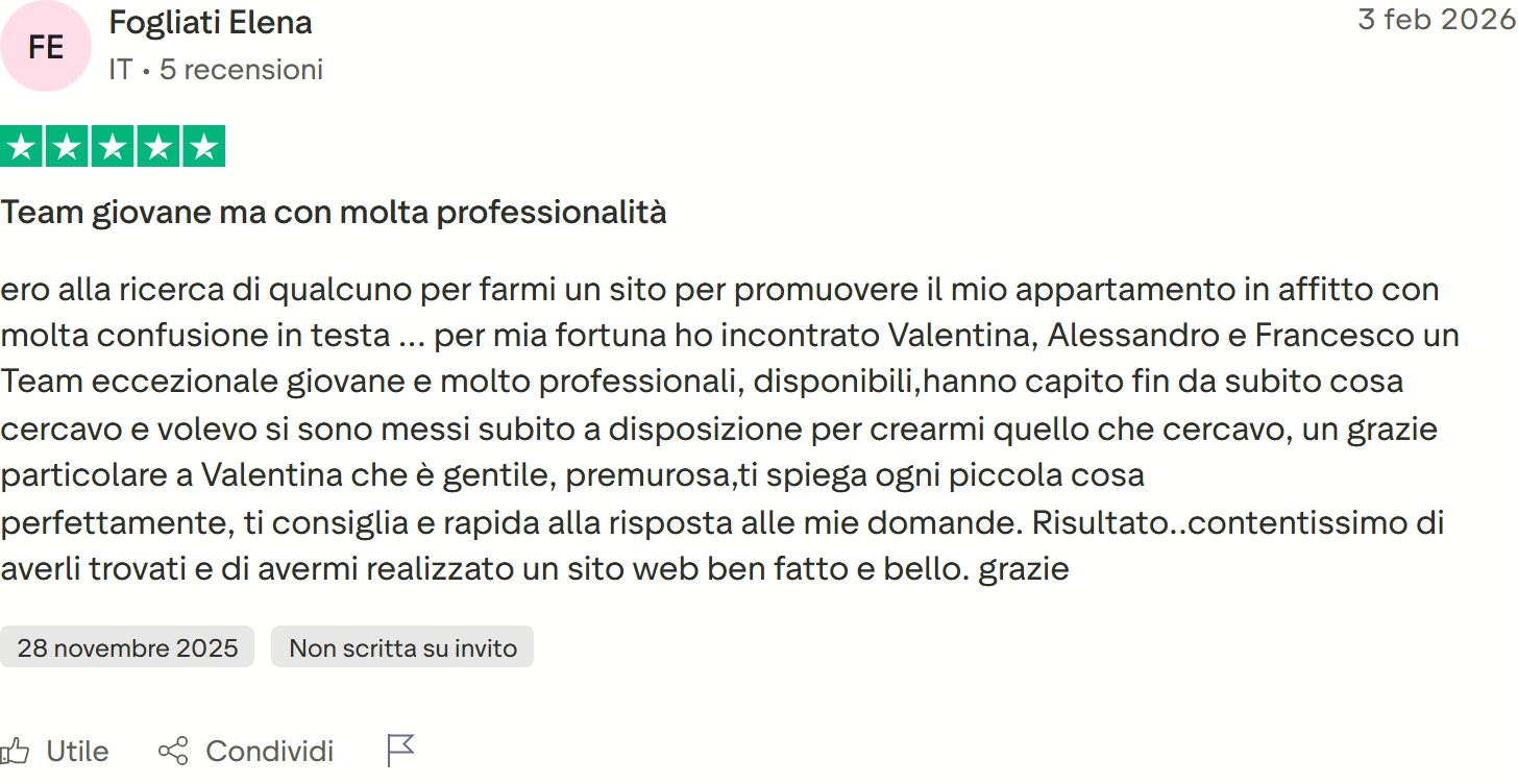 Recensione Trustpilot n. 35: Fogliati Elena, 5 stelle, team professionale, sito web ben fatto