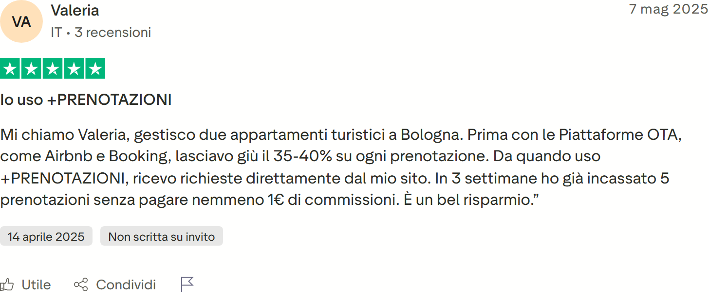 Recensione Trustpilot n. 66: Valeria, 5 stelle, 5 prenotazioni in 3 settimane senza commissioni