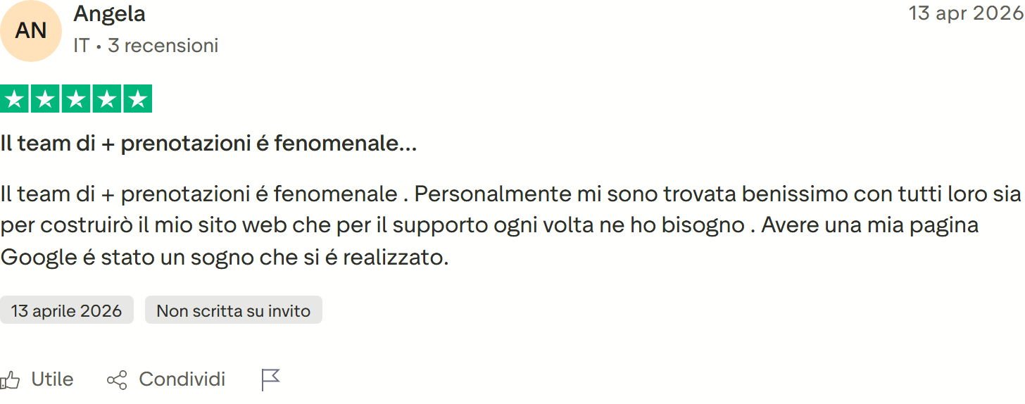 Recensione Trustpilot n. 22: Angela, 5 stelle, sito web e supporto ottimi, pagina Google, sogno realizzato