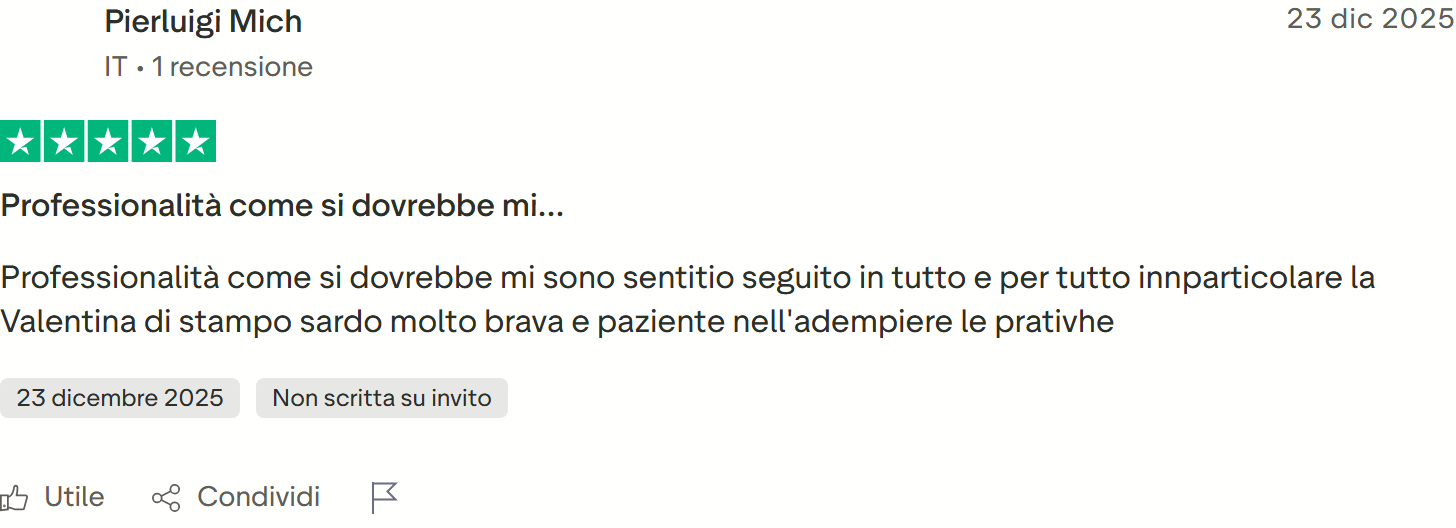 Recensione Trustpilot n. 39: Pierluigi Mich, 5 stelle, seguito in tutto, Valentina brava e paziente