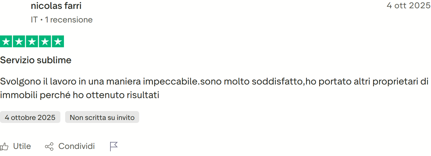 Recensione Trustpilot n. 44: nicolas farri, 5 stelle, servizio impeccabile, soddisfatto, ha portato altri proprietari
