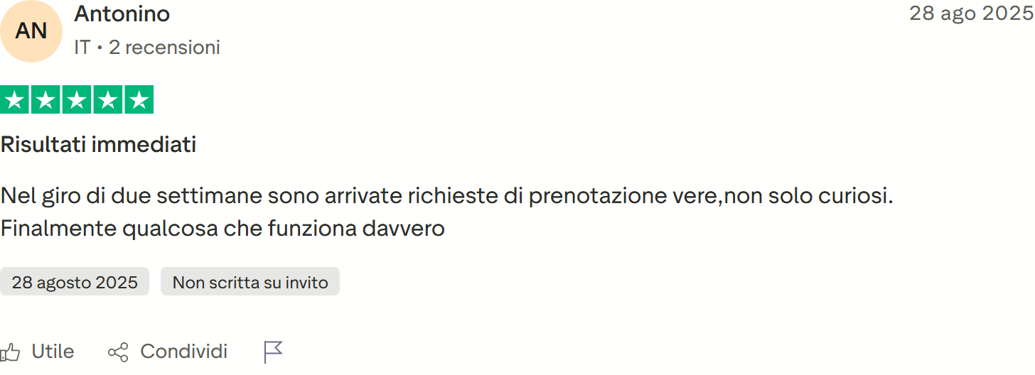 Recensione Trustpilot n. 54: Antonino, 5 stelle, richieste di prenotazione in due settimane