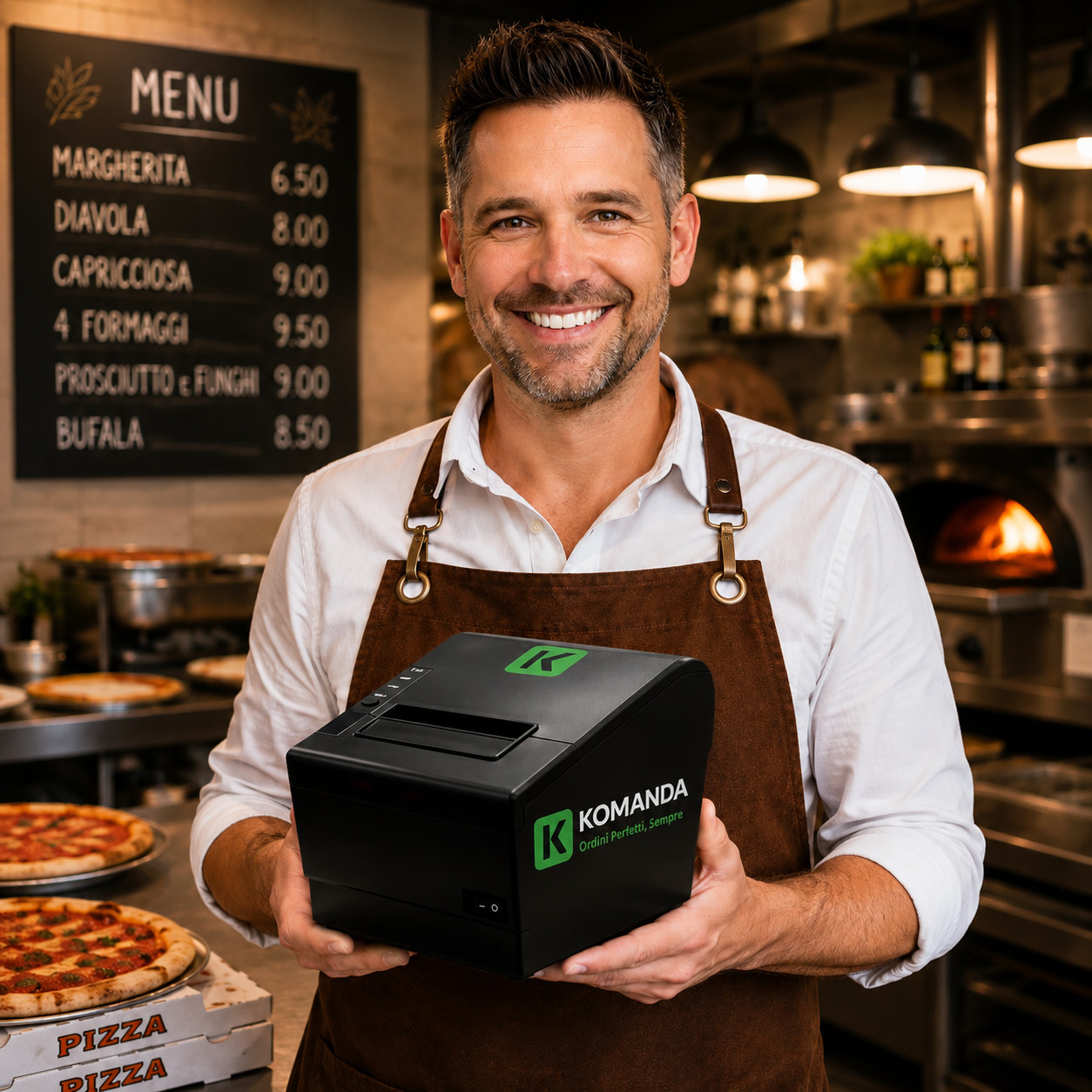 Un pizzaiolo sorridente tiene in mano la stampante Komanda davanti al menu della pizzeria