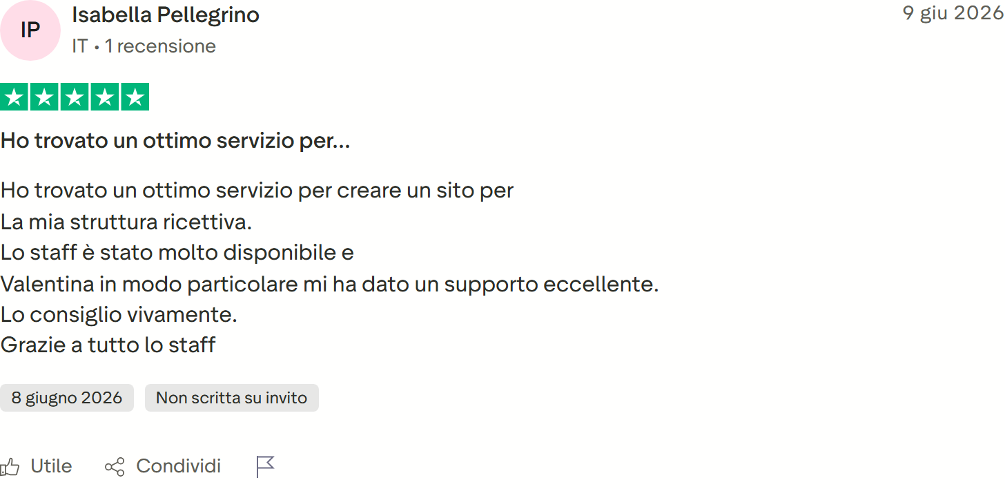 Recensione Trustpilot n. 7: Isabella Pellegrino, 5 stelle, ottimo servizio per il sito, staff disponibile