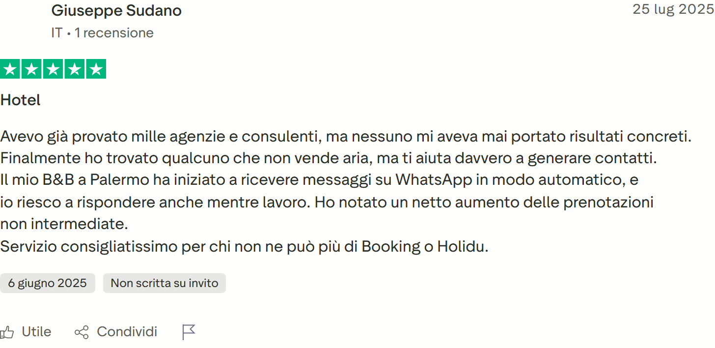 Recensione Trustpilot n. 60: Giuseppe Sudano, 5 stelle, B&B a Palermo, piu prenotazioni non intermediate