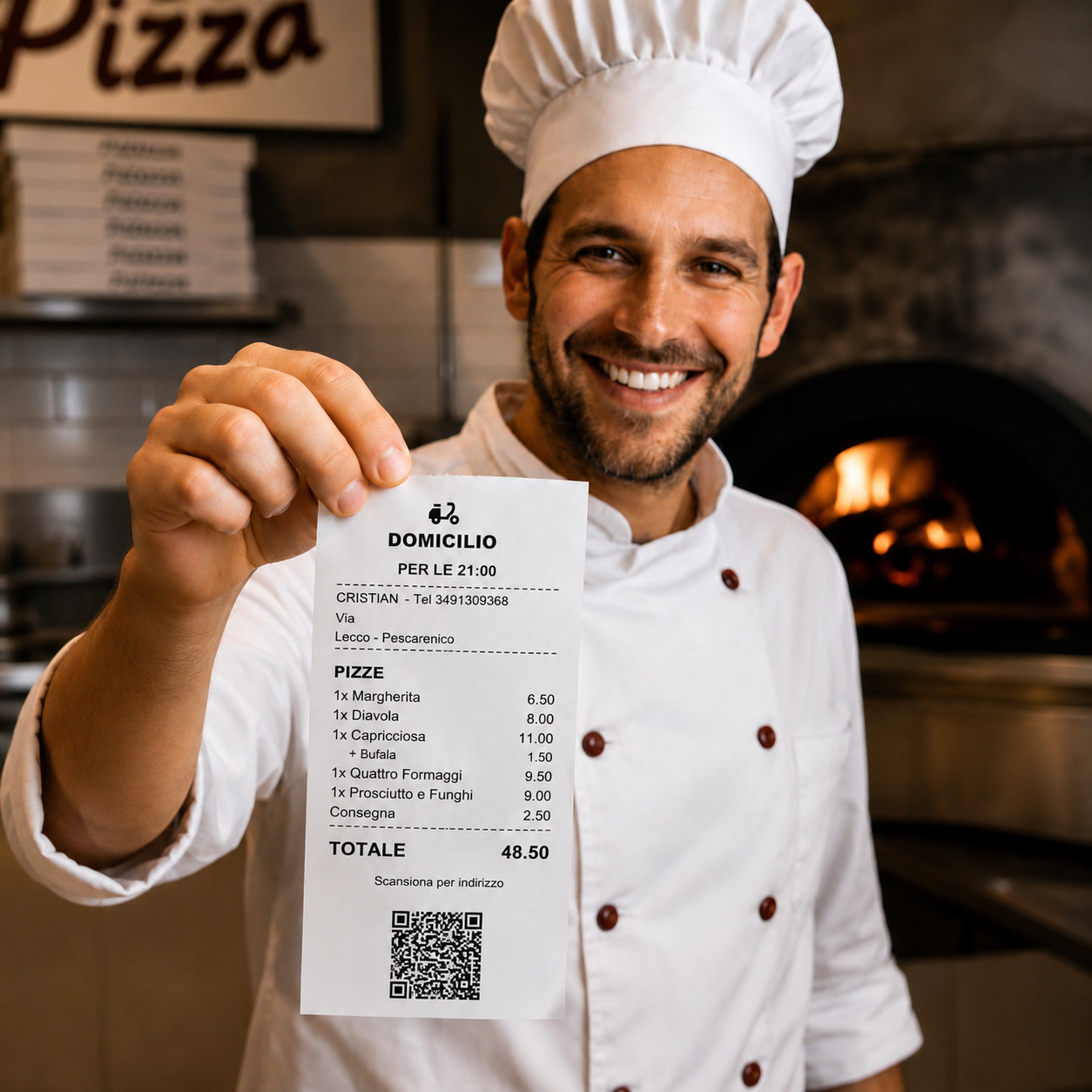 Uno chef sorridente mostra una comanda per il domicilio stampata da Komanda, davanti al forno a legna