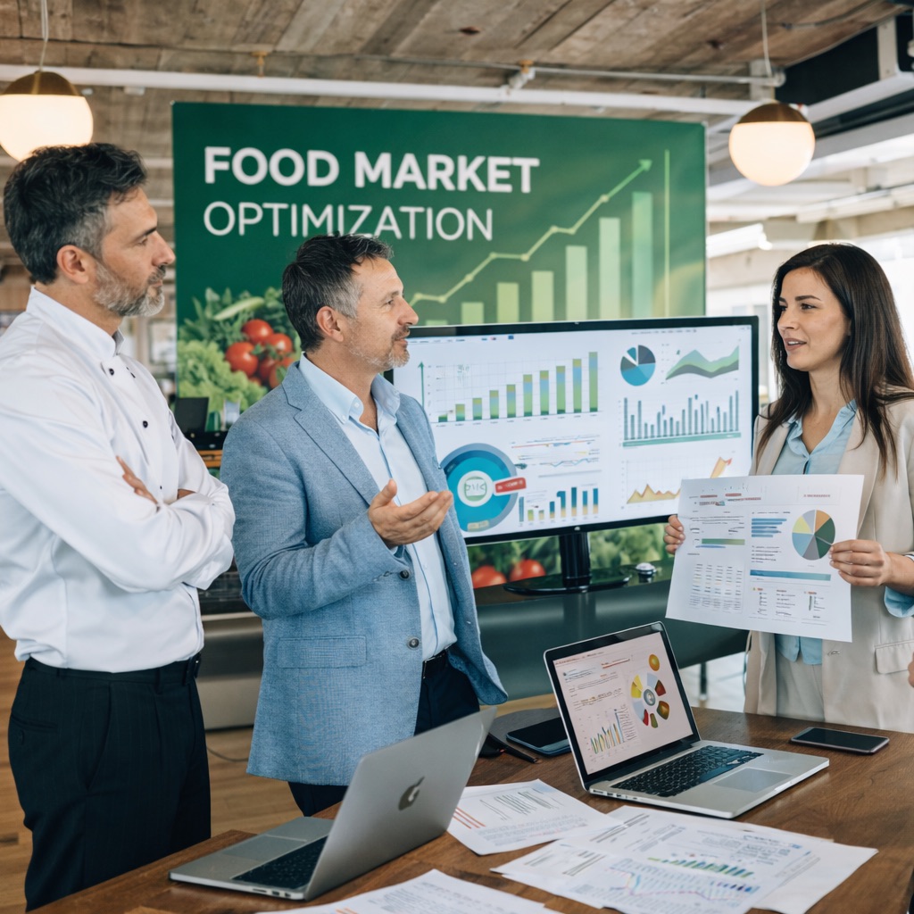 Il team Komanda al lavoro sull'ottimizzazione del food market, davanti ai grafici dei risultati