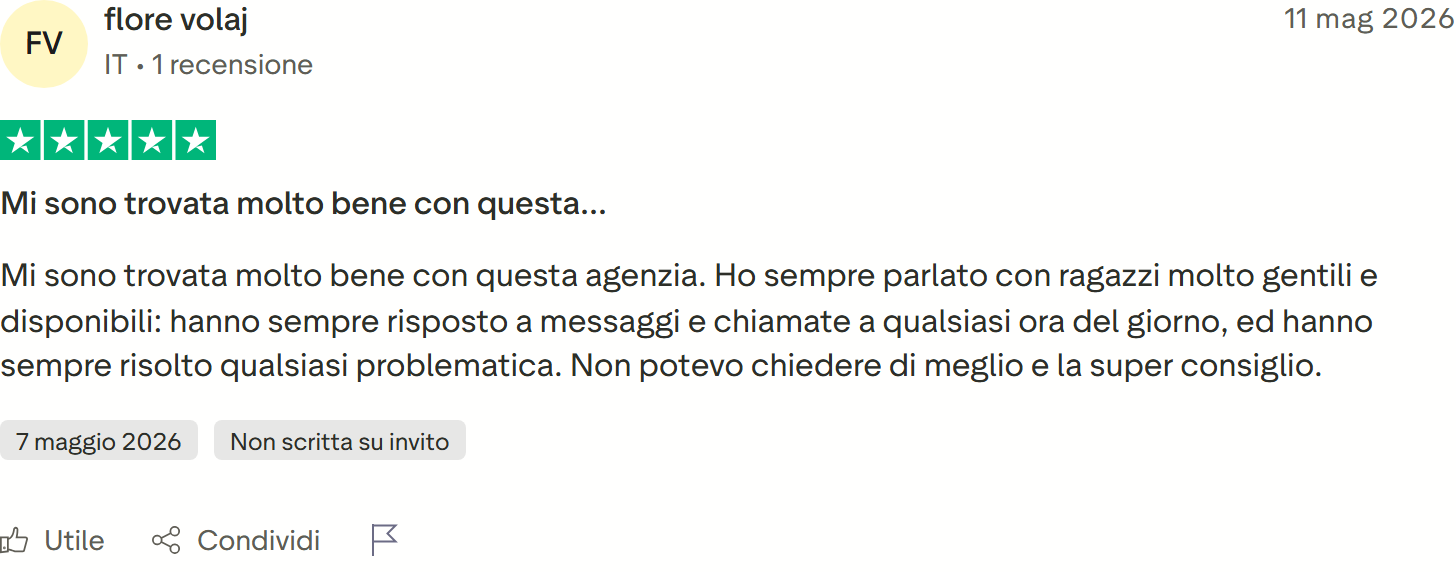 Recensione Trustpilot n. 16: flore volaj, 5 stelle, risposte a ogni ora, problemi sempre risolti