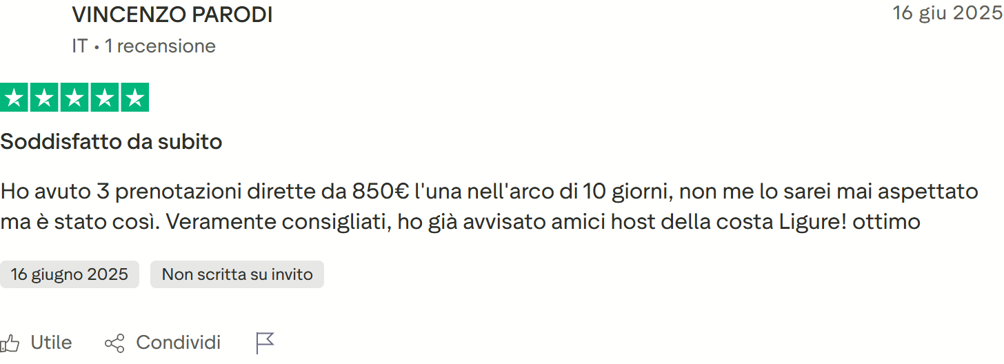 Recensione Trustpilot n. 62: VINCENZO PARODI, 5 stelle, 3 prenotazioni dirette da 850 euro in 10 giorni