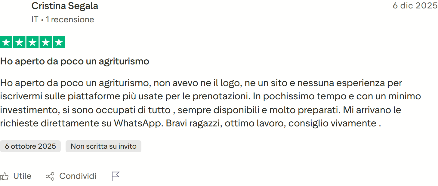 Recensione Trustpilot n. 40: Cristina Segala, 5 stelle, agriturismo avviato, richieste su WhatsApp