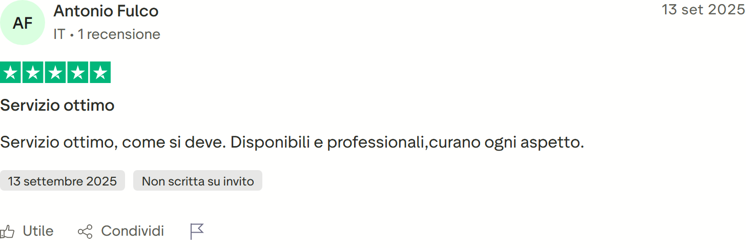 Recensione Trustpilot n. 50: Antonio Fulco, 5 stelle, disponibili e professionali, curano ogni aspetto