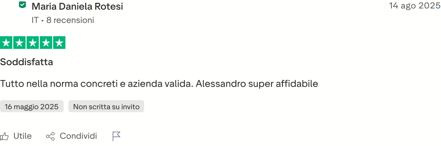 Recensione Trustpilot n. 56: Maria Daniela Rotesi, 5 stelle, azienda valida e affidabile