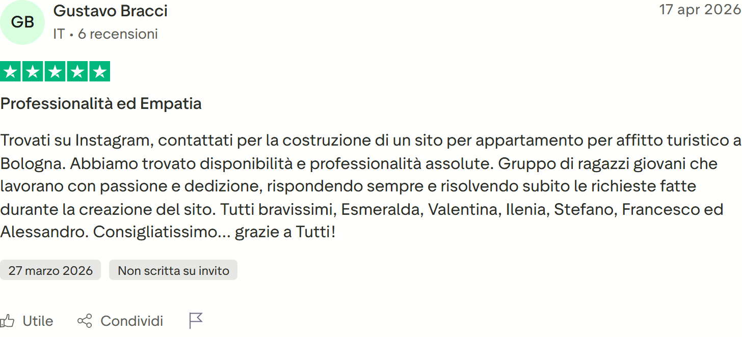Recensione Trustpilot n. 19: Gustavo Bracci, 5 stelle, sito per affitto turistico a Bologna, team disponibile