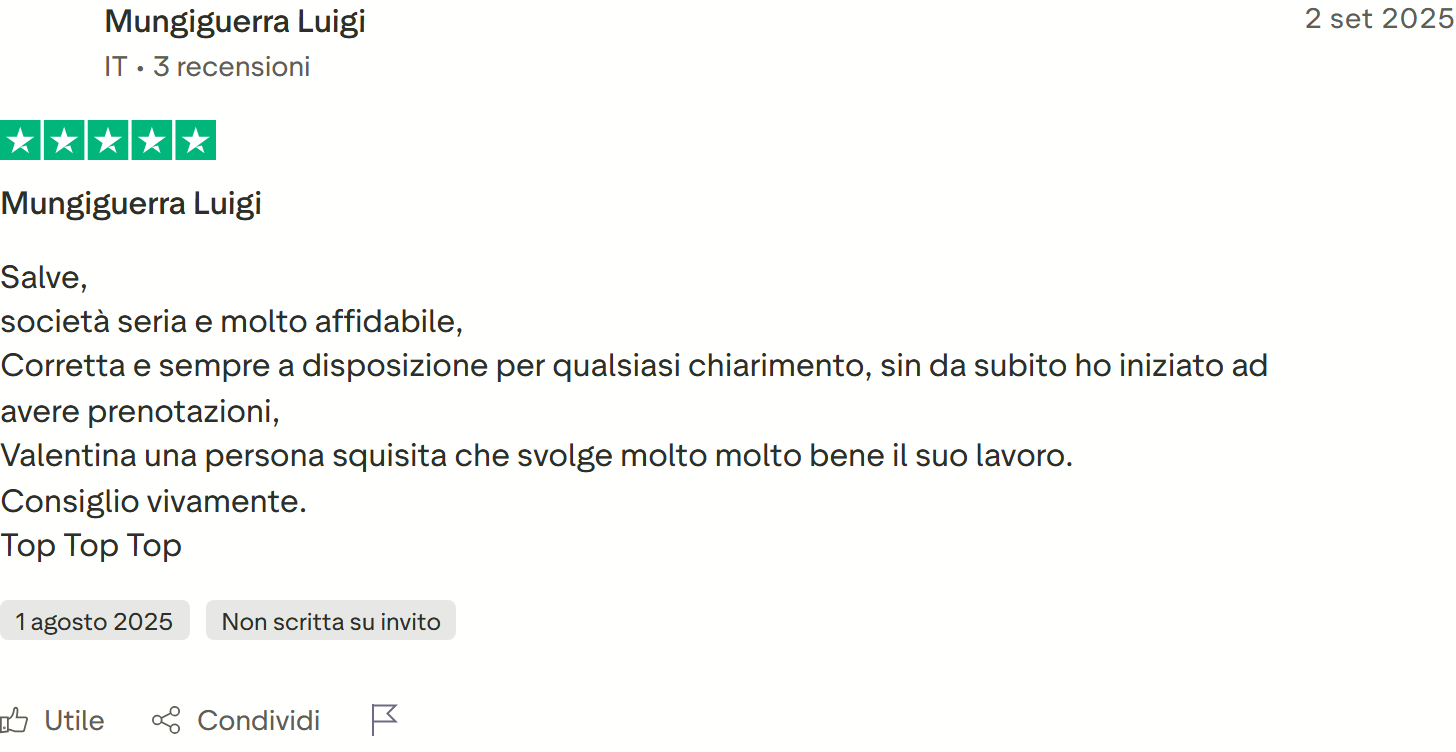 Recensione Trustpilot n. 51: Mungiguerra Luigi, 5 stelle, società seria e affidabile, prenotazioni sin da subito