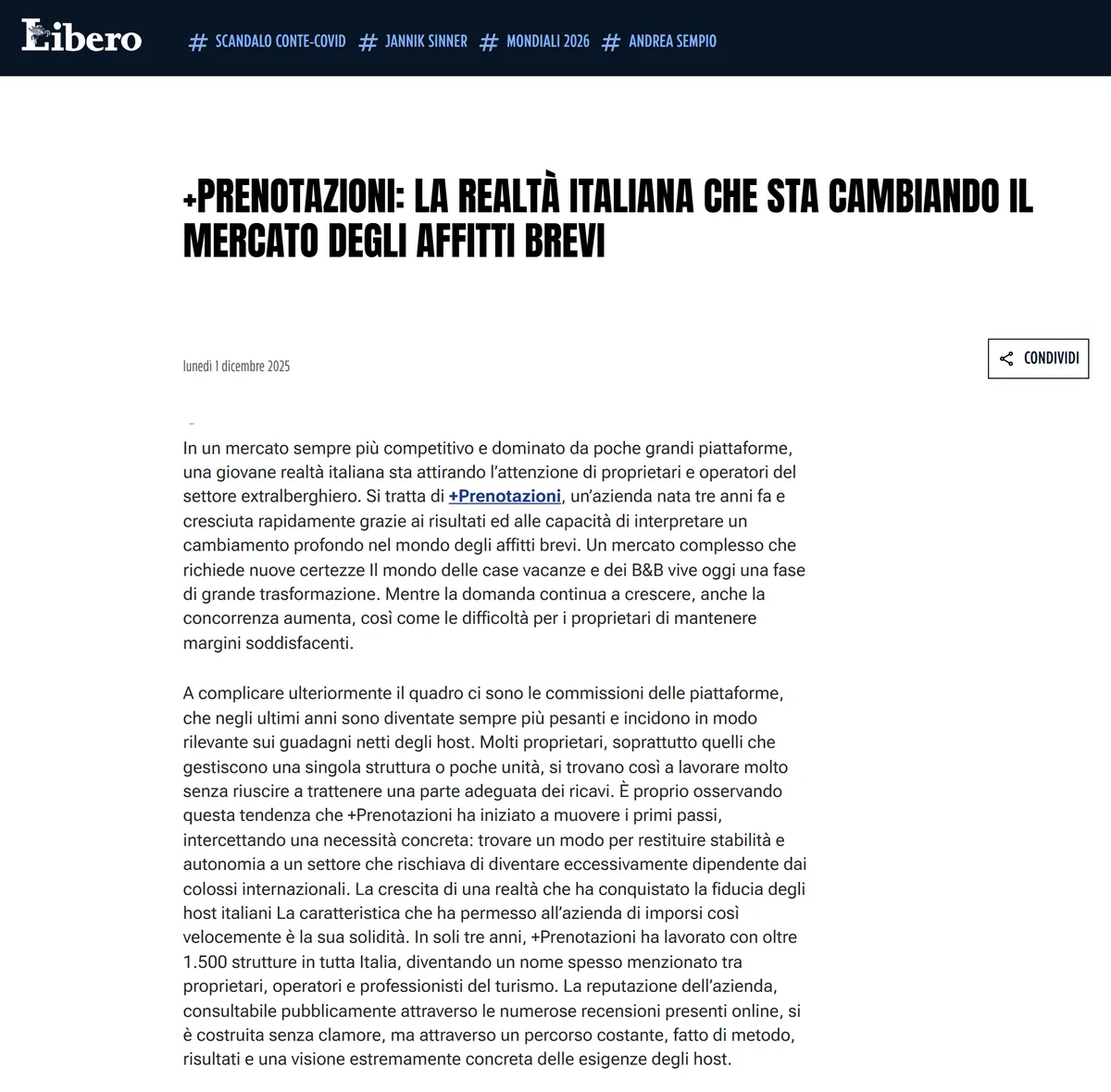 L'articolo pubblicato su Libero Quotidiano il 1 dicembre 2025: +Prenotazioni, la realtà italiana che sta cambiando il mercato degli affitti brevi
