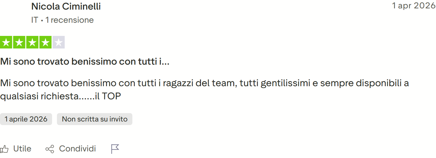 Recensione Trustpilot n. 25: Nicola Ciminelli, 4 stelle, team gentilissimo e sempre disponibile, il top