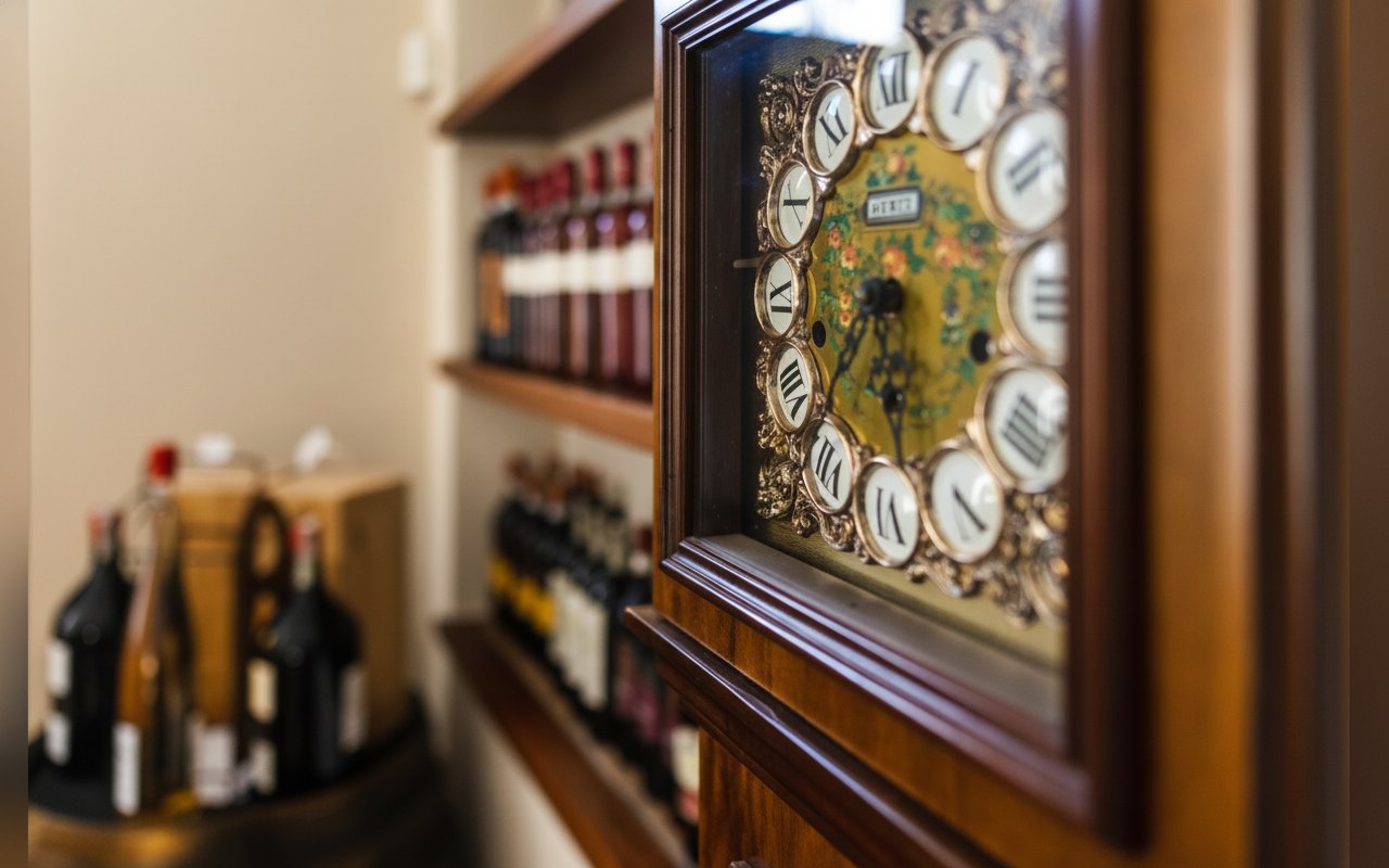 Bottiglie di vino e orologio d'epoca