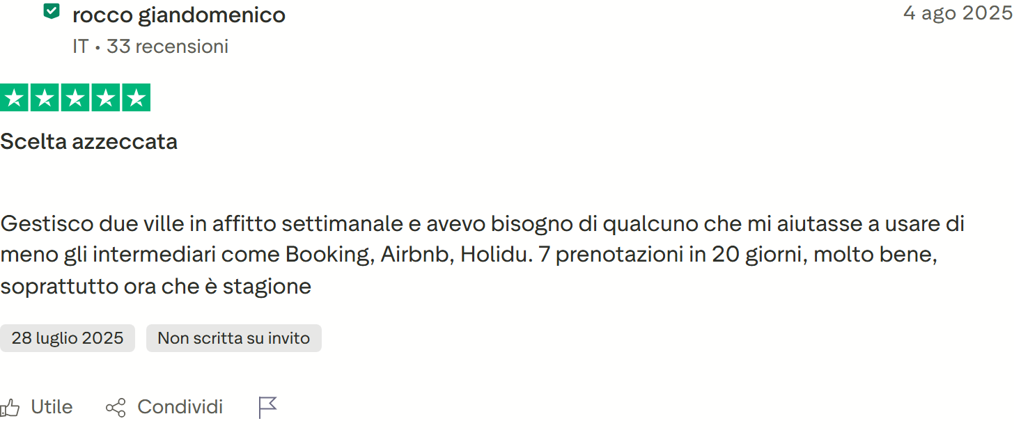 Recensione Trustpilot n. 58: rocco giandomenico, 5 stelle, 7 prenotazioni in 20 giorni per due ville, meno intermediari