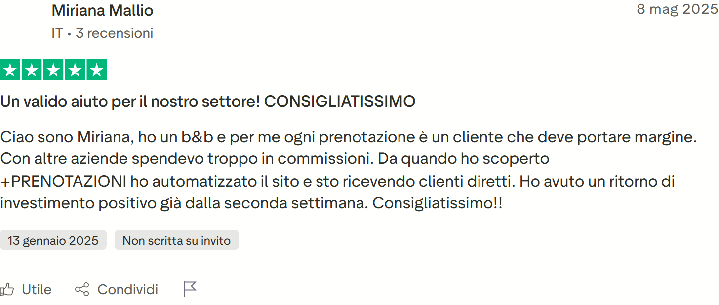 Recensione Trustpilot n. 65: Miriana Mallio, 5 stelle, sito automatizzato, clienti diretti per il suo b&b
