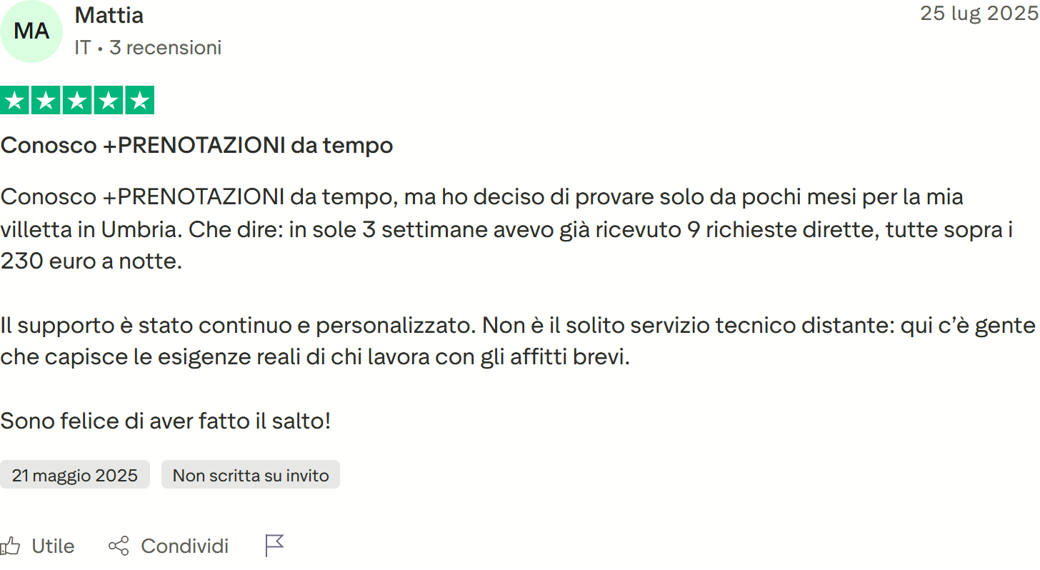 Recensione Trustpilot n. 61: Mattia, 5 stelle, 9 richieste dirette in 3 settimane, supporto continuo