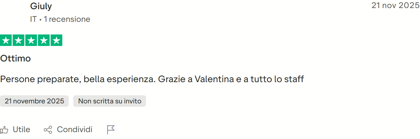 Recensione Trustpilot n. 41: Giuly, 5 stelle, persone preparate, grazie a Valentina e allo staff