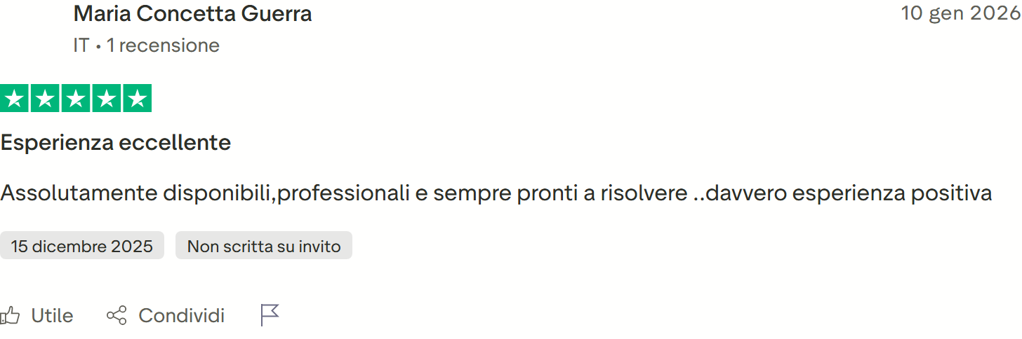 Recensione Trustpilot n. 38: Maria Concetta Guerra, 5 stelle, disponibili, professionali, pronti a risolvere