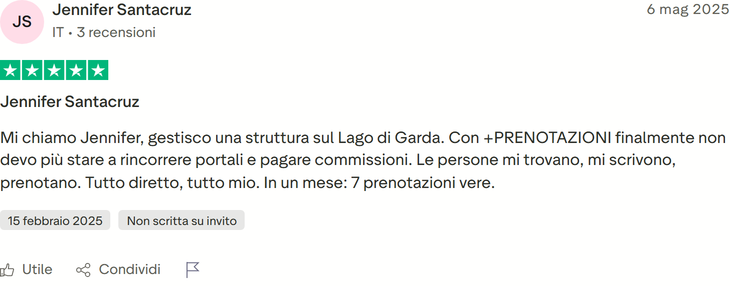 Recensione Trustpilot n. 70: Jennifer Santacruz, 5 stelle, 7 prenotazioni dirette in un mese sul Garda