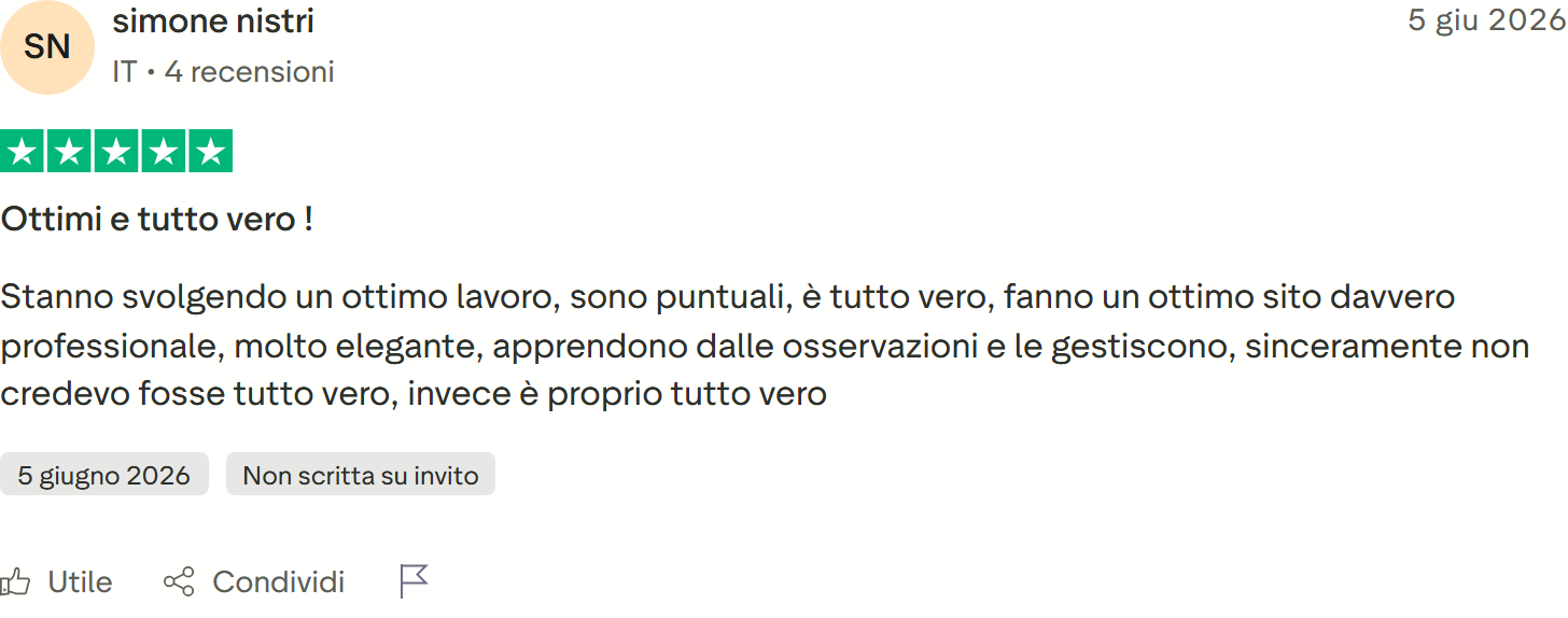 Recensione Trustpilot n. 8: simone nistri, 5 stelle, ottimo lavoro puntuale, sito professionale ed elegante