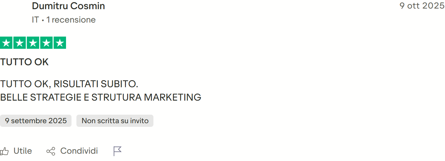 Recensione Trustpilot n. 43: Dumitru Cosmin, 5 stelle, tutto ok, risultati subito, belle strategie marketing